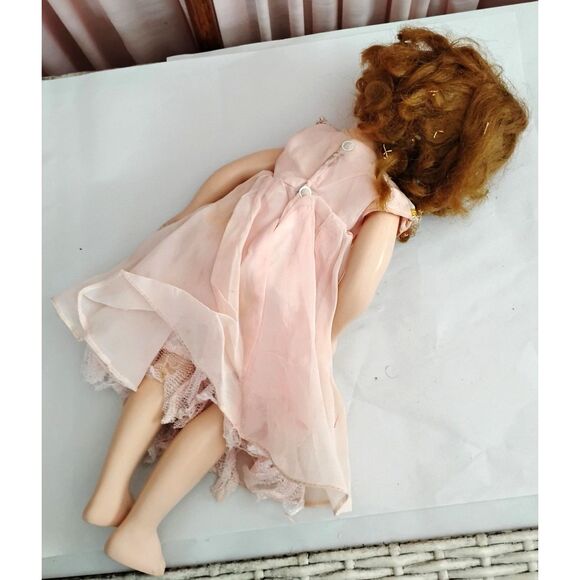 Vintage 1950s 17" Hard Plastic Sleep Eye Doll w/ Red Hair & Pink Dress - Picture 3 of 5